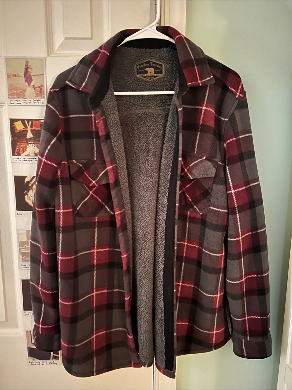 Freedom Foundry Men's Plaid Sherpa-Lined Shirt Jacket in Burgundy/Gray